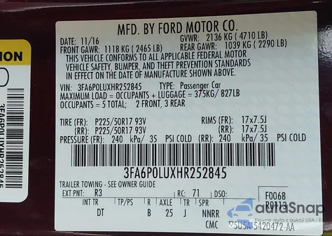 2017 Ford Fusion Hybrid Se from USA, damaged, VIN 3FA6P0LUXHR252845